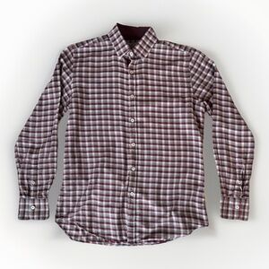 Canali Men's Medium Button Down Red Grey Flannel Cotton Italy Long Sleeve
